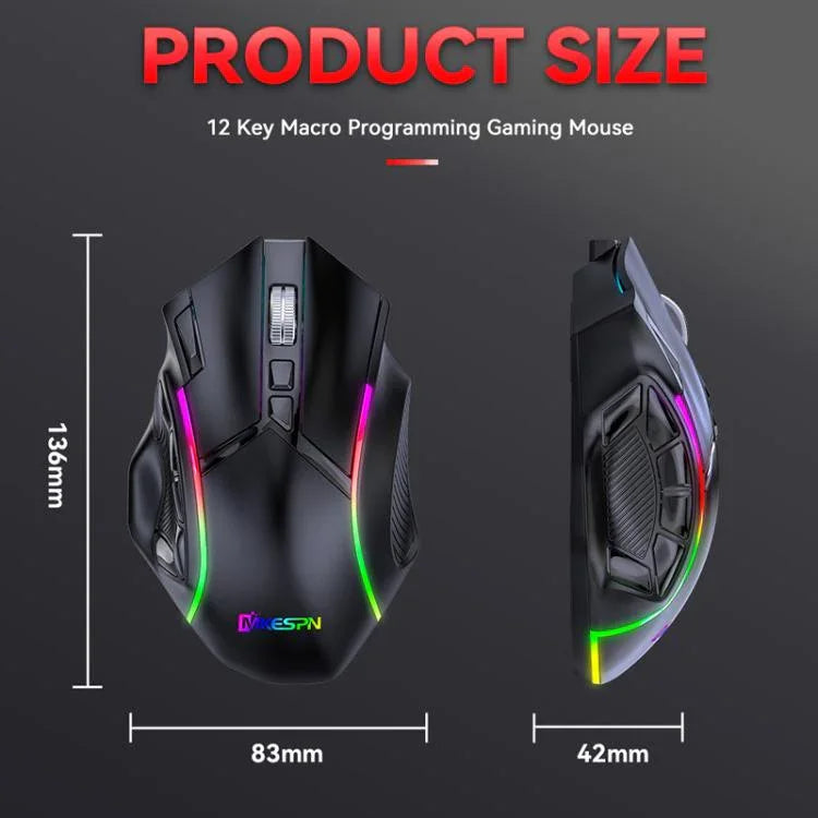Rato Gaming Sem Fios MKESPN W605 Triple-Mode 24000 DPI 12 Teclas Personalização Macro, W605