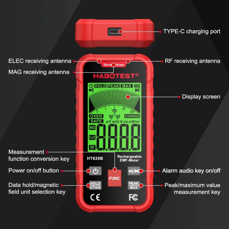Medidor EMF Multi-Campo HABOTEST HT628B Testador Recarregável de Radiação Eletromagnética, HT628B