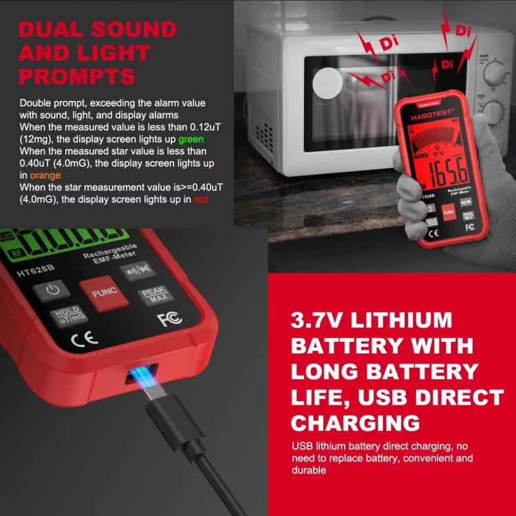 Medidor EMF Multi-Campo HABOTEST HT628B Testador Recarregável de Radiação Eletromagnética, HT628B