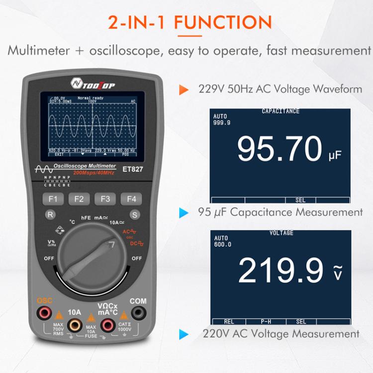 Osciloscópio Multímetro 200Msps Taxa de Amostragem 40MHz Osciloscópio + Multímetro 2 em 1, ET827