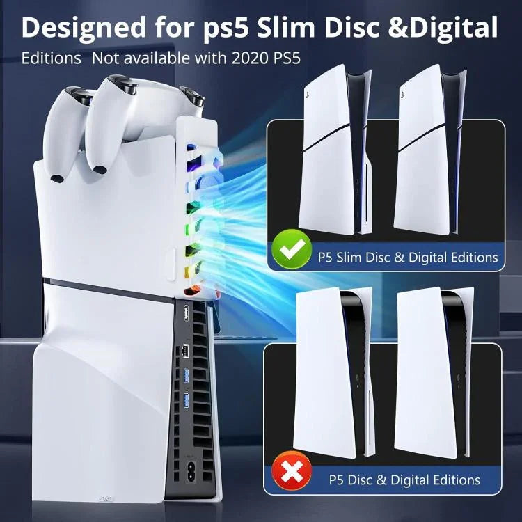 Estação de Carregamento 2 em 1 com Ventoinha de Arrefecimento e Iluminação RGB para Comando PS5 Slim