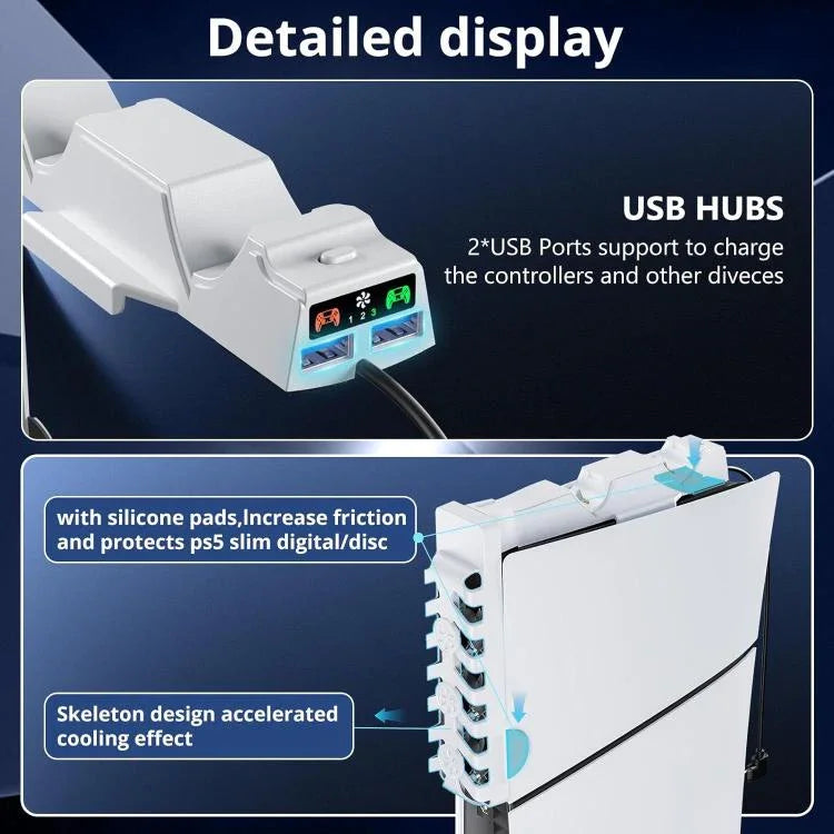 Estação de Carregamento 2 em 1 com Ventoinha de Arrefecimento e Iluminação RGB para Comando PS5 Slim