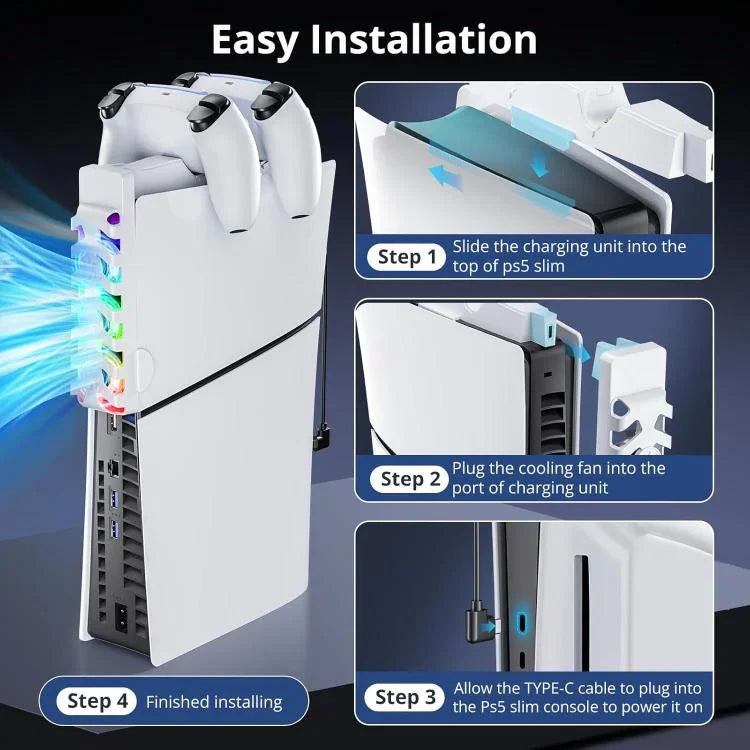 Estação de Carregamento 2 em 1 com Ventoinha de Arrefecimento e Iluminação RGB para Comando PS5 Slim
