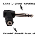 Adaptador de Áudio Microfone Auscultadores 6,35mm para 3,5mm com Ângulo de 90 Graus, 6,35mm para 3,5mm