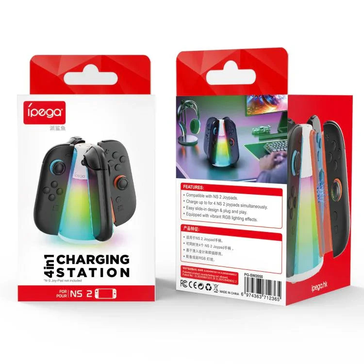 Base de Carregamento 4 em 1 ipega para Comandos Joy-Con do Nintendo Switch 2, Estação de Carregamento Quádrupla com Luz RGB