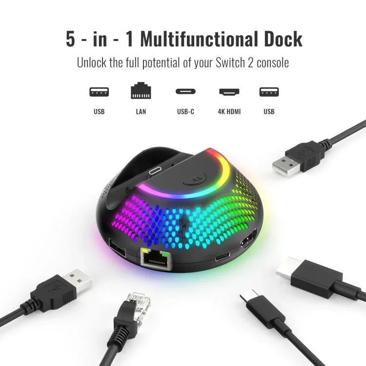 Dock de TV 4K 60Hz JYS 5 em 1 HUB para Nintendo Switch 2 com Porta Ethernet Gigabit e Iluminação Ambiente RGB, JYS