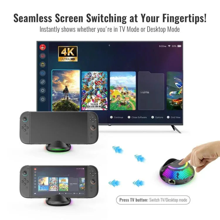 Dock de TV 4K 60Hz JYS 5 em 1 HUB para Nintendo Switch 2 com Porta Ethernet Gigabit e Iluminação Ambiente RGB, JYS