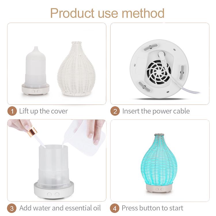 Humidificador Ultrassónico de Vime Oco 100ML e Difusor de Aromaterapia com Luzes LED de 7 Cores, USB 5V, Ficha EU 24V