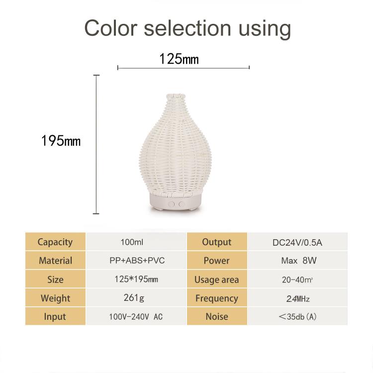 Humidificador Ultrassónico de Vime Oco 100ML e Difusor de Aromaterapia com Luzes LED de 7 Cores, USB 5V, Ficha EU 24V