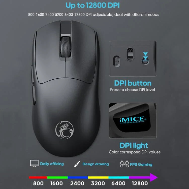 Rato Gaming Recarregável Tri-Mode Sem Fios iMICE G900 6 Teclas 12800DPI