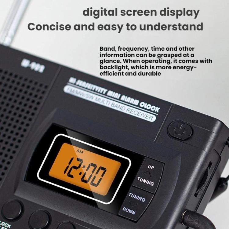 Rádio Portátil FM/AM/SW de Banda Completa com Relógio LCD Controlado, Para UE, Para EUA