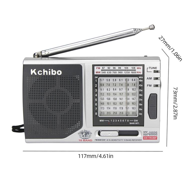 Rádio Portátil Kchibo 10 Bandas AM/FM/SW com Altifalante de Alta Fidelidade Receptor Compacto Multibanda Mini, KK-9803