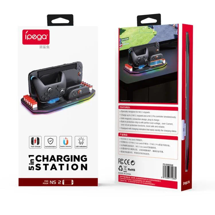 Base de Carregamento ipega para Nintendo Switch 2 Joy-Con e Comando Pro com Iluminação RGB e Suporte para Cartão de Jogo, PG-SW2048