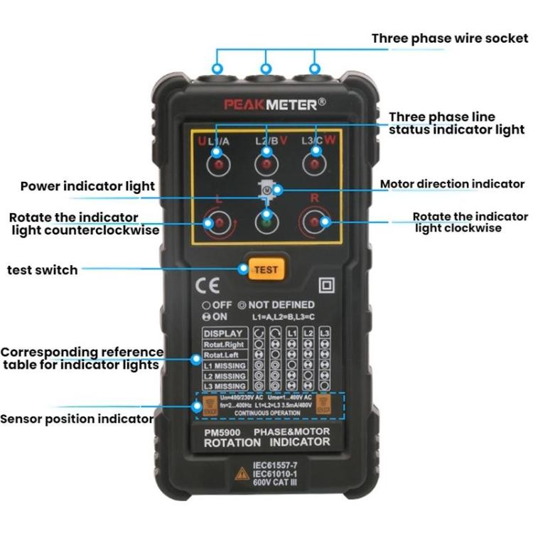 Testador de Sequência de Fase de Rotação de Motor AC Trifásico PEAKMETER, PM5900