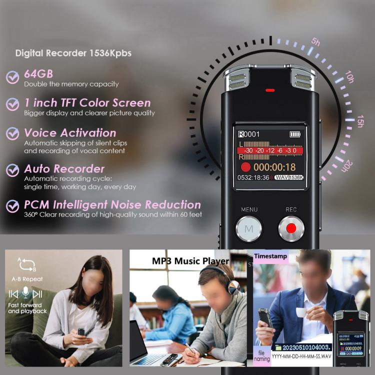Gravador Digital de Voz Portátil com Cancelamento de Ruído Ativado por Voz para Conferências, 64GB, 128GB
