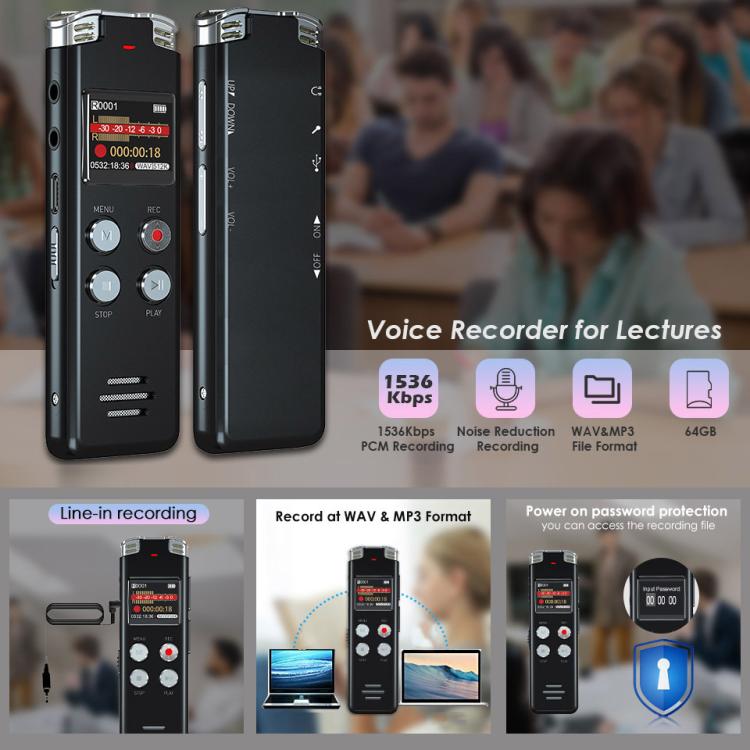 Gravador Digital de Voz Portátil com Cancelamento de Ruído Ativado por Voz para Conferências, 64GB, 128GB