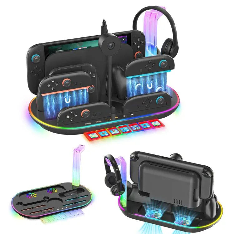 Base de Carregamento com Luz RGB para Nintendo Switch 2 JYS NS2322, Base Integrada de Arrefecimento e Armazenamento de Carregamento