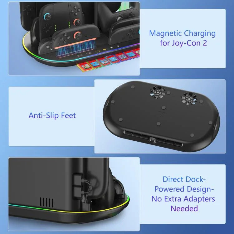 Base de Carregamento com Luz RGB para Nintendo Switch 2 JYS NS2322, Base Integrada de Arrefecimento e Armazenamento de Carregamento