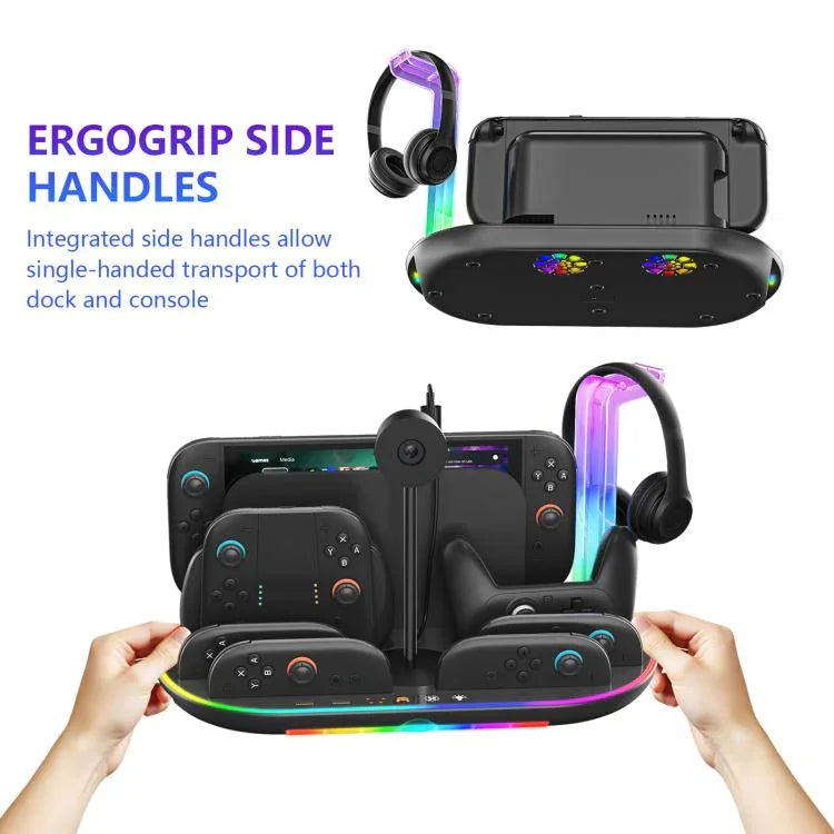 Base de Carregamento com Luz RGB para Nintendo Switch 2 JYS NS2322, Base Integrada de Arrefecimento e Armazenamento de Carregamento