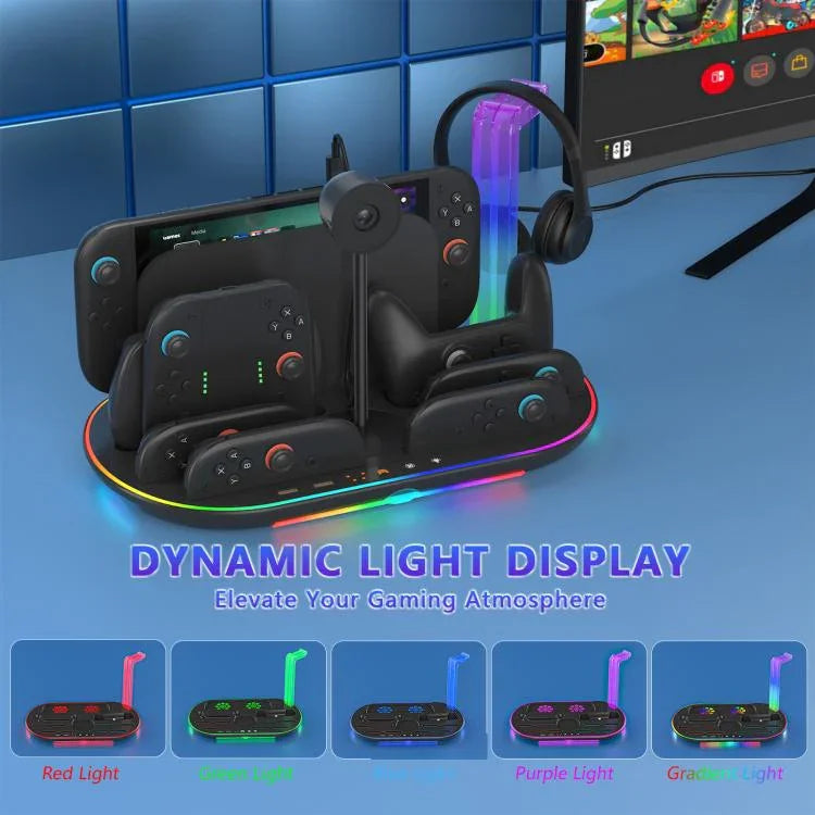 Base de Carregamento com Luz RGB para Nintendo Switch 2 JYS NS2322, Base Integrada de Arrefecimento e Armazenamento de Carregamento