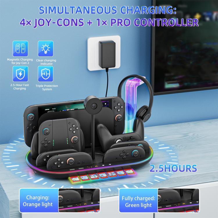 Base de Carregamento com Luz RGB para Nintendo Switch 2 JYS NS2322, Base Integrada de Arrefecimento e Armazenamento de Carregamento