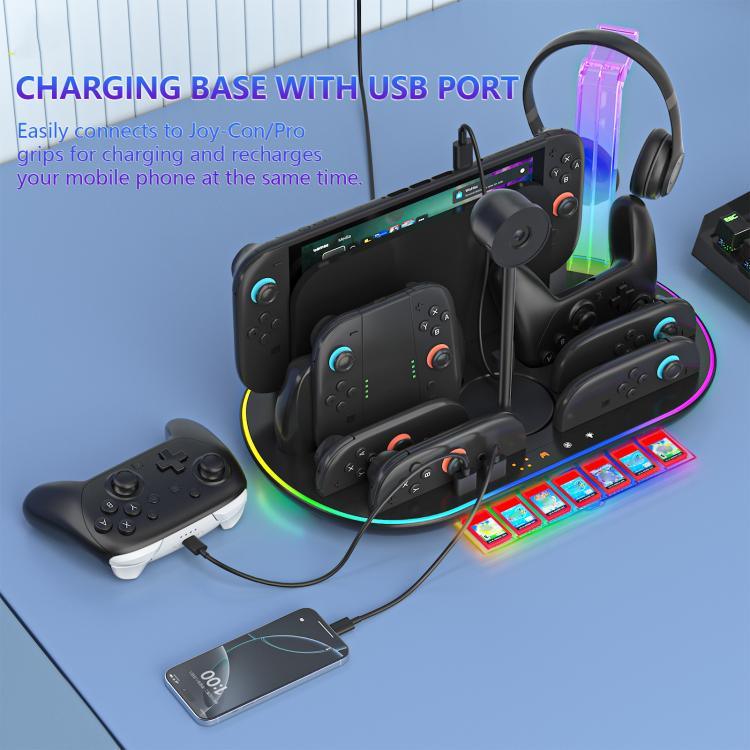 Base de Carregamento com Luz RGB para Nintendo Switch 2 JYS NS2322, Base Integrada de Arrefecimento e Armazenamento de Carregamento