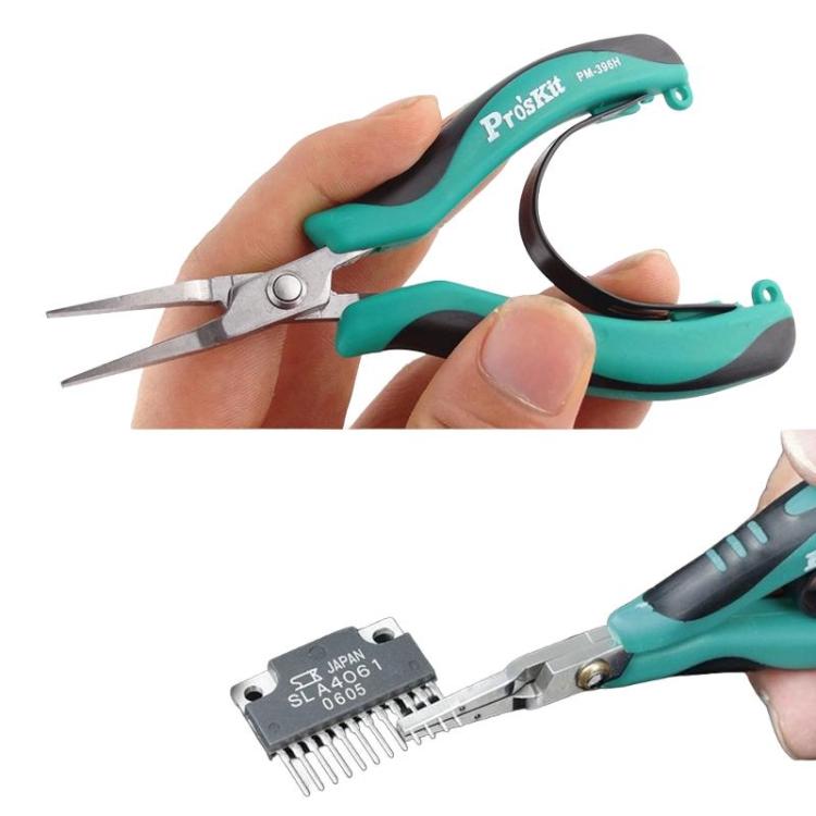 Alicate de bico plano de precisão em aço inoxidável ProsKit PM-396H, alicate eletrônico de mandíbula plana sem dentes, PM-396H