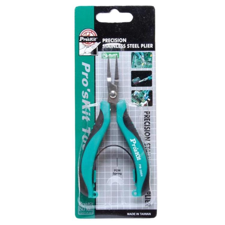 Alicate de bico plano de precisão em aço inoxidável ProsKit PM-396H, alicate eletrônico de mandíbula plana sem dentes, PM-396H