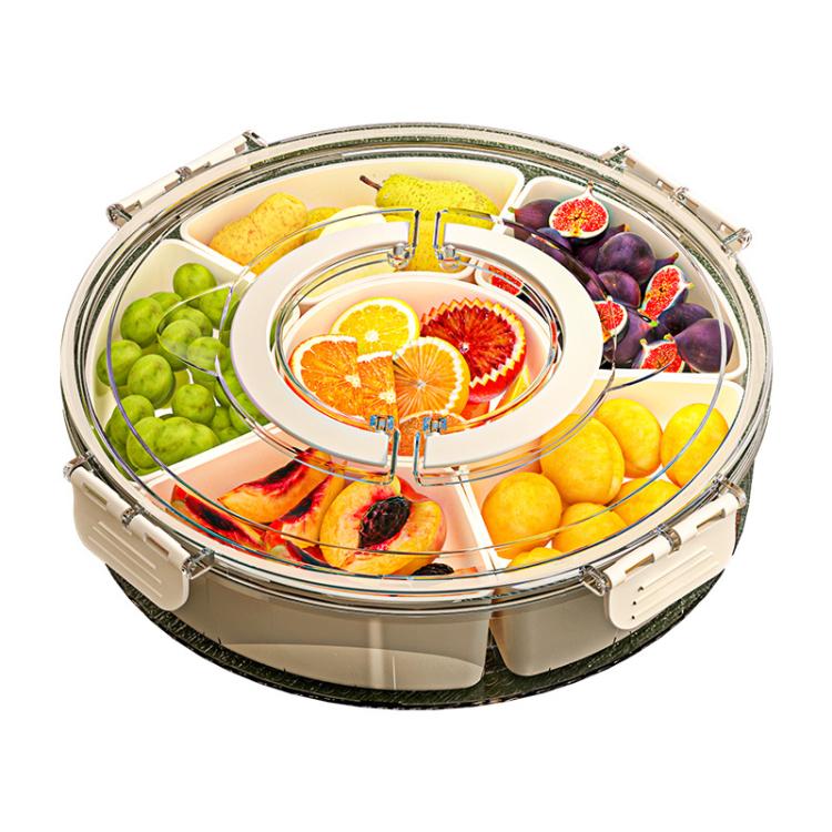 Bandeja Giratória 360 Graus com 6 Compartimentos para Snacks, Alça e Tampa Hermética – Recipiente Portátil Redondo para Armazenamento de Frutas, Nozes, Doces, 6 Compartimentos