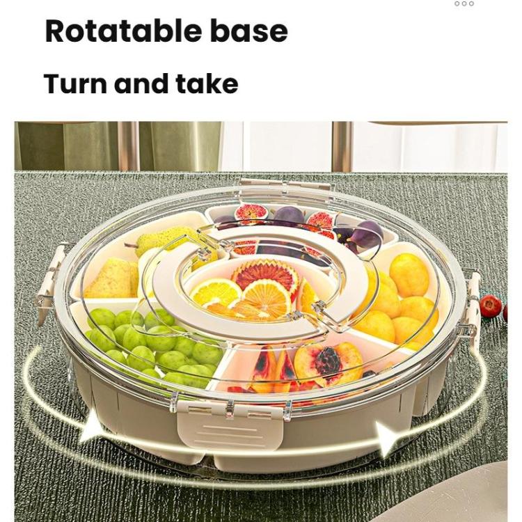 Bandeja Giratória 360 Graus com 6 Compartimentos para Snacks, Alça e Tampa Hermética – Recipiente Portátil Redondo para Armazenamento de Frutas, Nozes, Doces, 6 Compartimentos