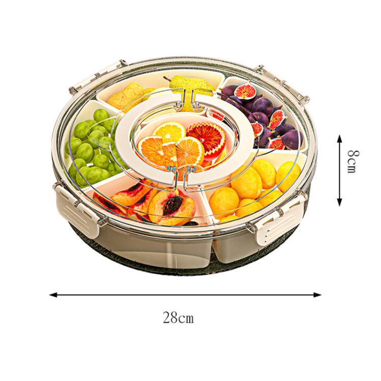 Bandeja Giratória 360 Graus com 6 Compartimentos para Snacks, Alça e Tampa Hermética – Recipiente Portátil Redondo para Armazenamento de Frutas, Nozes, Doces, 6 Compartimentos