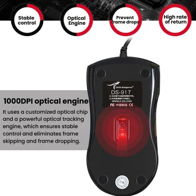 Little Kangaroo DS-917 Rato Óptico Ergonómico com Fio 1000DPI para Portátil, Escritório e Gaming, DS-917 USB