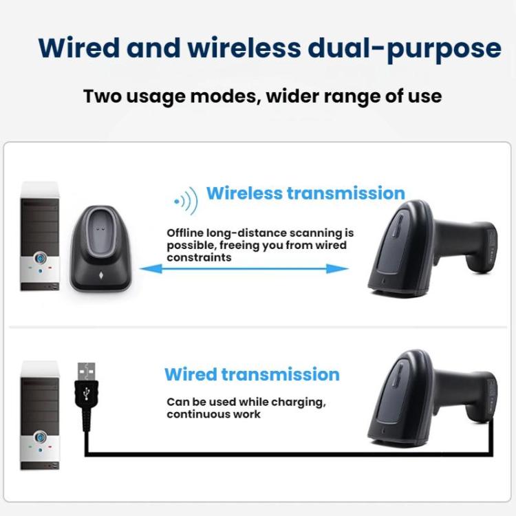 Leitor de código de barras QR sem fios de longo alcance com base, único 2,4G, 2,4G + Bluetooth