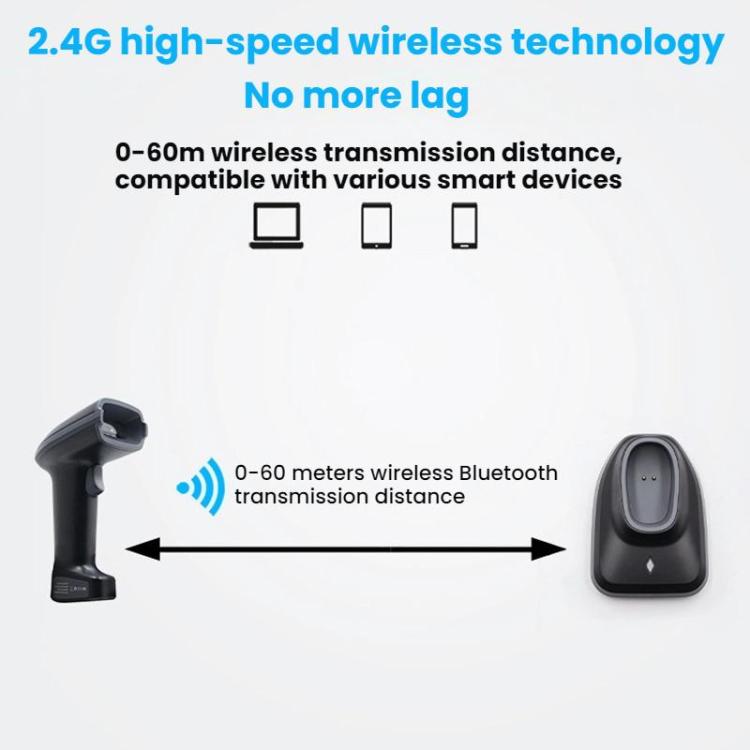 Leitor de código de barras QR sem fios de longo alcance com base, único 2,4G, 2,4G + Bluetooth