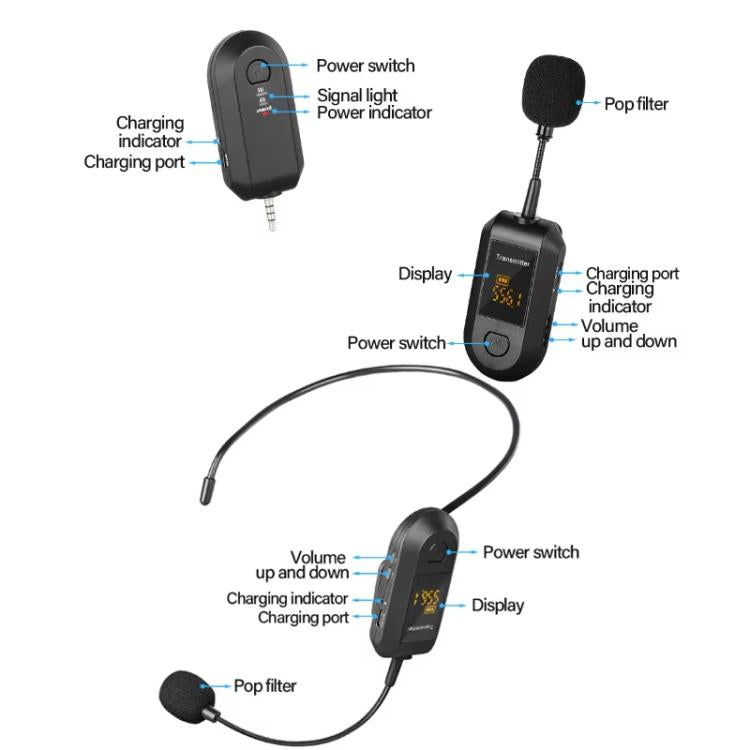 Amplificador de microfone sem fios 2,4G Microfone portátil, 1 em 1 clipe de lapela, 1 em 1 para cabeça, 1 em 2 clipe de lapela, 1 em 2 para cabeça