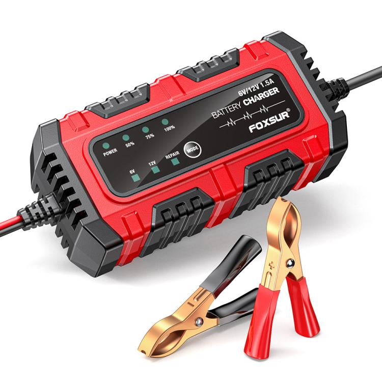 FOXSUR Smart 6V/12V 1.5A Battery Charger 4AH-30AH Lead Acid Battery Maintainer For Motorcycle/Car/ATV, EU Plug, US Plug, UK Plug