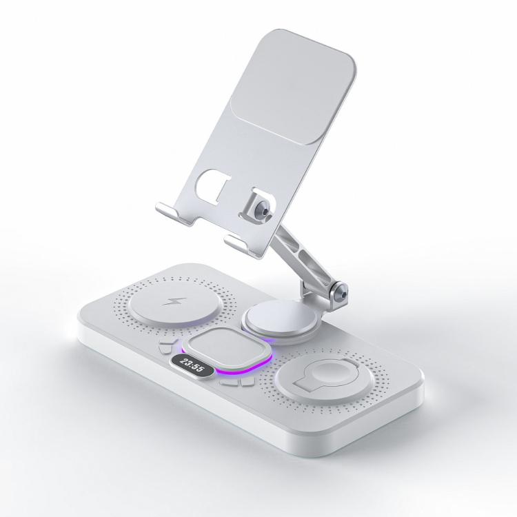 Estação de Carregamento Sem Fios Rápido 4 em 1 para Telemóvel/Tablet/Apple Watch/AirPods com Suporte Magnético Dobrável, Mostrador de Relógio e Efeito de Luz Fria