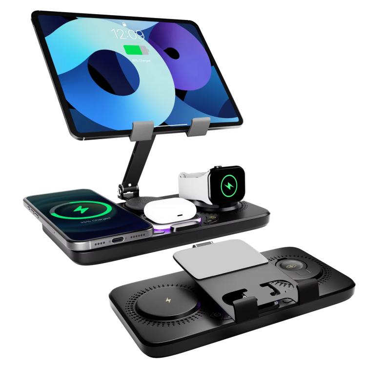 Estação de Carregamento Sem Fios Rápido 4 em 1 para Telemóvel/Tablet/Apple Watch/AirPods com Suporte Magnético Dobrável, Mostrador de Relógio e Efeito de Luz Fria