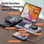 Estação de Carregamento Sem Fios Rápido 4 em 1 para Telemóvel/Tablet/Apple Watch/AirPods com Suporte Magnético Dobrável, Mostrador de Relógio e Efeito de Luz Fria