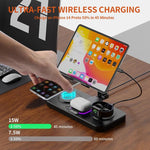 Estação de Carregamento Sem Fios Rápido 4 em 1 para Telemóvel/Tablet/Apple Watch/AirPods com Suporte Magnético Dobrável, Mostrador de Relógio e Efeito de Luz Fria