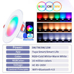 Luz de Teto Embutida Compatível com Tuya WIFI & Bluetooth RGB+CW+WW LED Dimerizável, 5W 2,5 polegadas, 7W 3,5 polegadas, 10W 4 polegadas