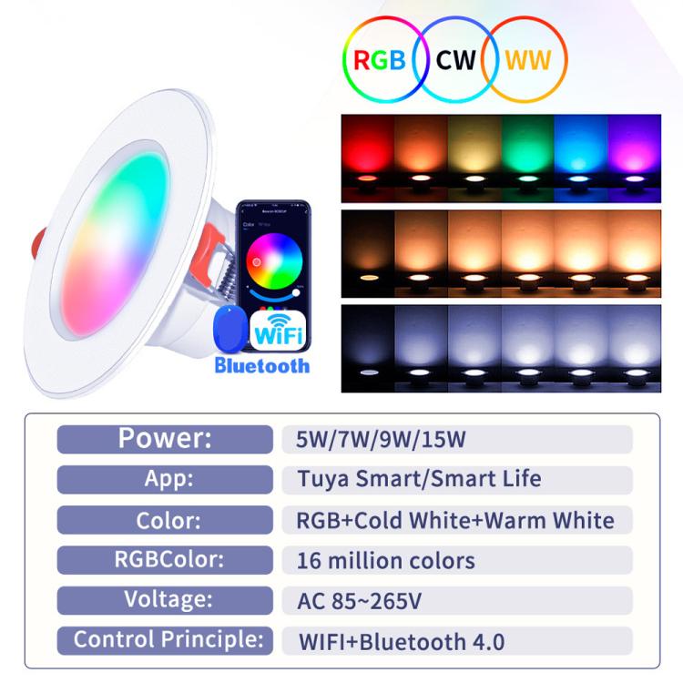 Luz de Teto Embutida Compatível com Tuya WIFI & Bluetooth RGB+CW+WW LED Dimerizável, 5W 2,5 polegadas, 7W 3,5 polegadas, 10W 4 polegadas