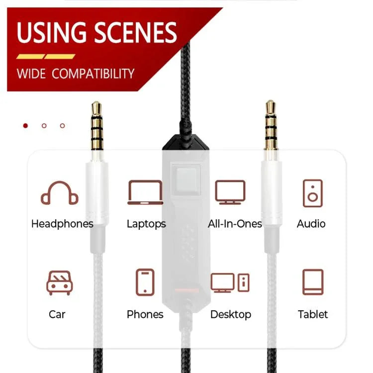 Cabo de áudio trançado 2m para auscultadores gaming Logitech Astro A10 / A40, ficha prata reta, ficha prata com comando com fios, ficha preta com comando com fios