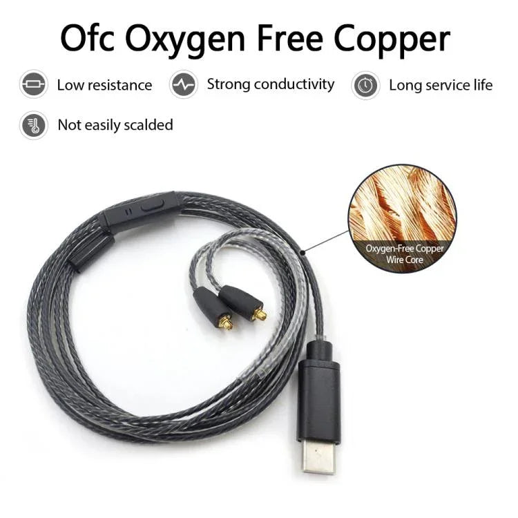 Cabo com ficha Type-C para interface MMCX de 1,2m para auscultadores Shure SE215 / SE315 / SE425 / SE535 / SE846, controlo em linha, padrão