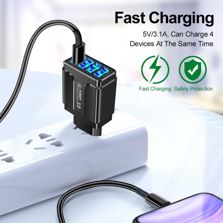 Carregador de Telemóvel com 4 Portas USB 5.1A QC3.0 de Carregamento Rápido, Ficha UE, Ficha EUA, Ficha Reino Unido