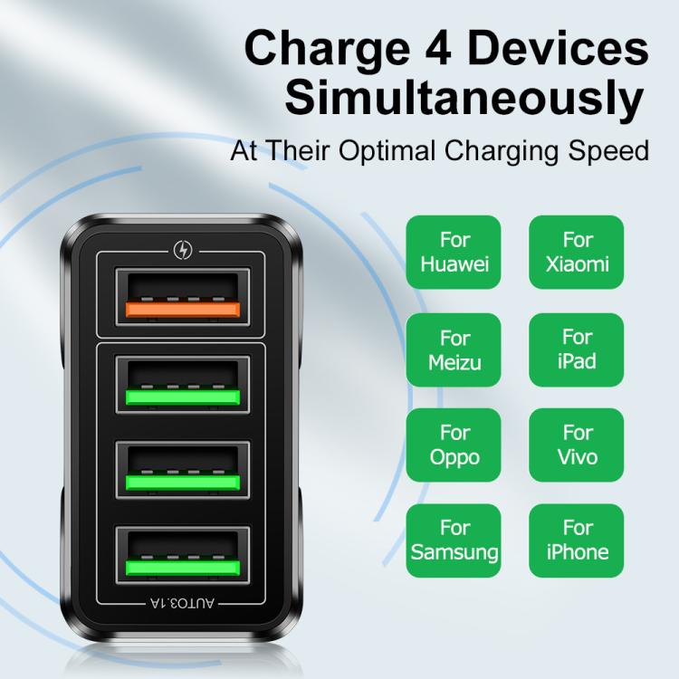 Carregador de Telemóvel com 4 Portas USB 5.1A QC3.0 de Carregamento Rápido, Ficha UE, Ficha EUA, Ficha Reino Unido