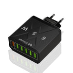 Carregador de Telemóvel com 6 Portas USB 65W QC3.0 de Carregamento Rápido, Ficha UE (Preto), Ficha UE (Branco), Ficha EUA (Preto), Ficha EUA (Branco), Ficha Reino Unido (Preto), Ficha Reino Unido (Branco)