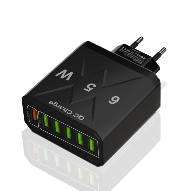 Carregador de Telemóvel com 6 Portas USB 65W QC3.0 de Carregamento Rápido, Ficha UE (Preto), Ficha UE (Branco), Ficha EUA (Preto), Ficha EUA (Branco), Ficha Reino Unido (Preto), Ficha Reino Unido (Branco)