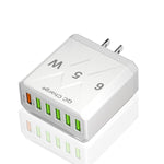 Carregador de Telemóvel com 6 Portas USB 65W QC3.0 de Carregamento Rápido, Ficha UE (Preto), Ficha UE (Branco), Ficha EUA (Preto), Ficha EUA (Branco), Ficha Reino Unido (Preto), Ficha Reino Unido (Branco)