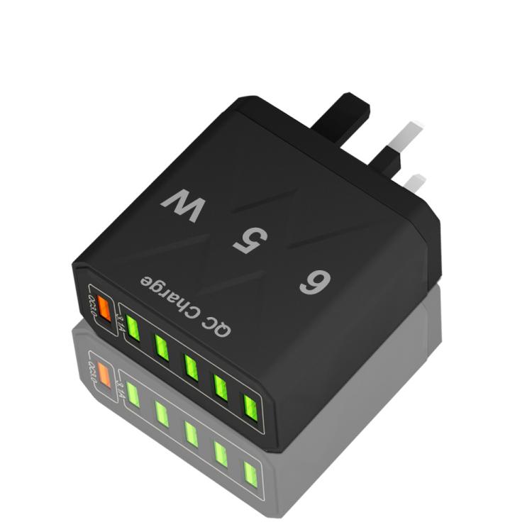 Carregador de Telemóvel com 6 Portas USB 65W QC3.0 de Carregamento Rápido, Ficha UE (Preto), Ficha UE (Branco), Ficha EUA (Preto), Ficha EUA (Branco), Ficha Reino Unido (Preto), Ficha Reino Unido (Branco)